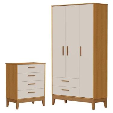 Imagem de Guarda Roupa Infantil Flip 3 Portas Com Cômoda Gaveteiro Infantil Flip Areia Acetinado Savana - Reller