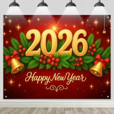 Imagem de HOMETITUTE Fundo fotográfico 2026 Feliz Ano Novo 2,4 x 1,8 m vermelho e dourado folha verde sino para decoração de festa de ano novo, celebração de feriado, evento de inverno, contagem regressiva
