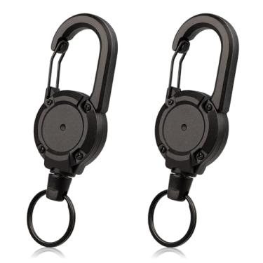 Imagem de Chaveiro retrátil resistente com mosquetão multiferramentas – Porta-crachá retrátil preto e clipe de identificação com cordão de aço inoxidável de 63 cm, durável para homens e mulheres