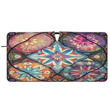 Imagem de Blueangle Para-brisa de azulejo têxtil oriental colorido - 149.9 cm x 76.2 cm dobrável carro janela frontal blocos para-sol raios UV viseira de sol (458)