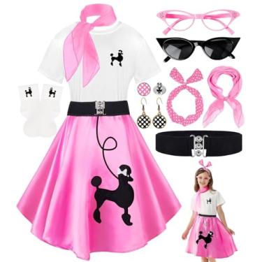 Imagem de 10 peças de roupas para meninas, roupas dos anos 50 para crianças, saias poodle, camiseta com acessórios dos anos 1950, meias, cachecol, faixa de cabeça, cinto, brinco, festa de Halloween (Rosa-130)