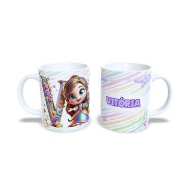 Imagem de caneca cerâmica 325 ml alfabeto princesas, todas as letras, nomes personalizados, Design Colorido com Flores (v)