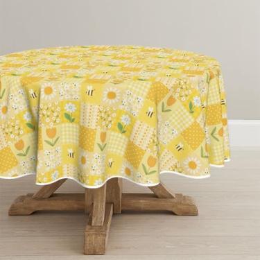 Imagem de Horaldaily Toalha de mesa redonda de primavera, 178 cm x 178 cm, xadrez, margarida, tulipas amarelas, lavável, sazonal, para decoração de festa, piquenique, jantar