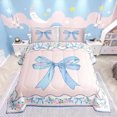 Imagem de Feelyou Conjunto de edredom com laço infantil, tamanho casal, floral, rosa, azul, para quarto de crianças, meninos, meninas, decoração de laço, microfibra kawaii, ultramacia, respirável