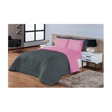 Imagem de Kit Edredom Casal Queen 5 Peças Dupla Face Vermelho e Preto em Microfibra – Toque Macio, Conforto Térmico, Roupa de Cama Completa (CINZA/ROSA)