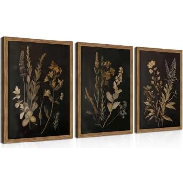Imagem de Conjunto de 3 arte de parede botânica escura emoldurada, pinturas de decoração de parede florais pretas, decoração Dark Academia, impressões de arte de flores vintage imagens para sala de estar quarto