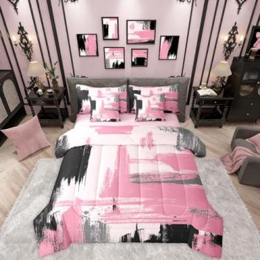 Imagem de Erosebridal Conjunto de edredom com 7 peças, rosa e preto, abstrato, solteiro, preto e rosa, para crianças, meninas, mulheres, geométrico, moderno, para meninos, adolescentes e adultos