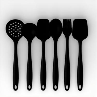Imagem de Kit Utensílios de Silicone Premium (6 Peças), Suporte Térmico Extremo 230°C, Cozinha Anti-Risco e Antiaderente, Design Moderno Preto Fosco, Essencial para Chefs e Cozinhas de Luxo.