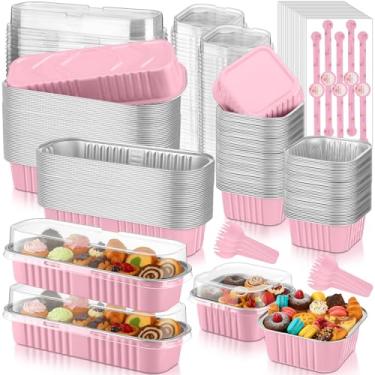 Imagem de LemonRoad 120 miniformas de bolo com tampas e colheres, forma de pão retangular de folha de alumínio de 193 g e copos quadrados de 142 g, copo de sobremesa descartável com decalque para aniversário de