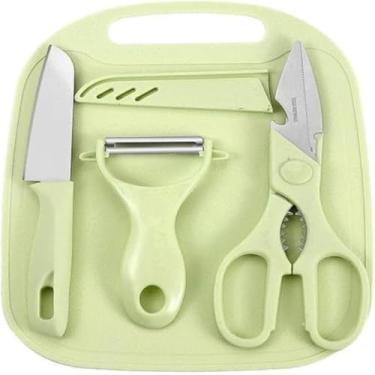 Imagem de Conjunto 4 Peças de Utensílios de Cozinha, Faca, Tesoura Multifuncional, Descascador, Tábua de Corte, Aço Inoxidável, Sortido