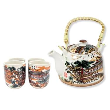Imagem de Jogo de Chá com Bule de Porcelana 900ml com Infusor e 4 Copos 150ml | Kit Café Tokyo 30a(Templo Chines)