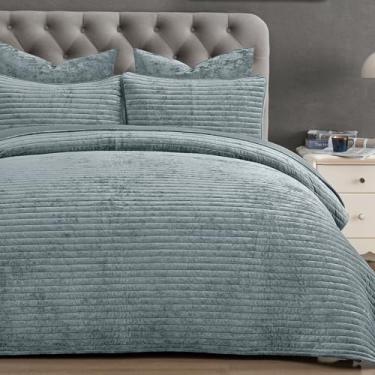 Imagem de PHF Conjunto de colcha de veludo luxuoso tamanho Queen – 3 peças ultramacias com canal listrado, colcha acolchoada aconchegante, presente de herança, 1 cobertor com 2 fronhas combinando, 228 cm x 233