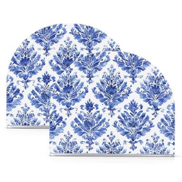 Imagem de Qilmy Porta-guardanapos acrílico damasco azul, suporte de lenços de mesa independente, dispensador de papel de coquetel para cozinha, jantar, restaurante, bar, decoração, 2 unidades