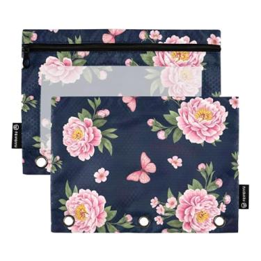 Imagem de Peônias rosa perfurador de três furos para fichário bolsa de lápis com zíper estojo de cosméticos estojo de lápis de longa duração, pacote com 2