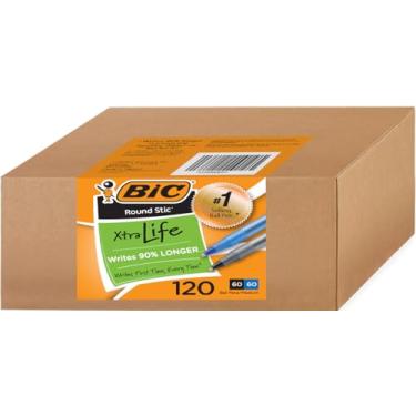 Imagem de BIC Pacote com 120 canetas esferográficas redondas Stic Xtra Life, ponta média de 1,0 mm, 60 pretas e 60 azuis, pacote combo a granel