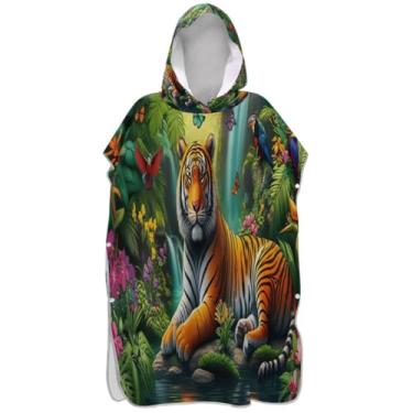 Imagem de Joisal Poncho de surfe para adultos trocador de roupa de praia com capuz toalha de banho vestível vintage tigre animal pássaro masculino poncho com capuz
