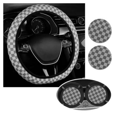 Imagem de Capa de volante quadriculada com 2 peças de porta-copos de carro, capa antiderrapante para volante de carro para proteção e decoração, capas de rodas de carros de 36 a 38 cm, acessórios quadriculados