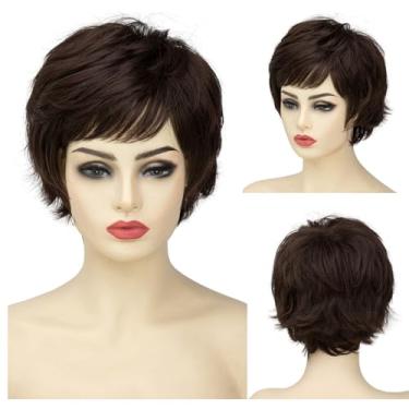 Imagem de Perucas Curtas Curtas Femininas Sintéticas Corte Pixie Bob Peruca com Franjas Falsas Camadas Desgrenhadas Peruca para Mulheres Marrom Escuro