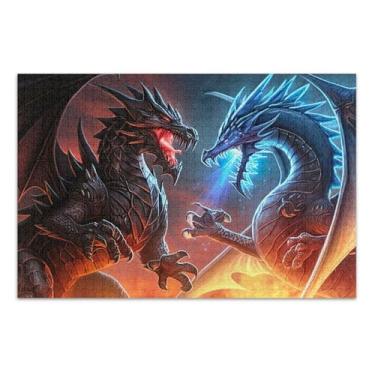 Imagem de Quebra-cabeça 1000 peças para adultos presentes de elefante branco quebra-cabeça rígido engraçado para adultos pintura animal fogo preto gelado dragão azul, 75 x 40 cm