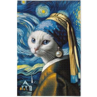 Imagem de Quebra-cabeça de gato engraçado noite estrelada pintura adulto 1000 peças elefante branco presentes engraçados difícil quebra-cabeça animal flor arte, 75 cm x 50 cm
