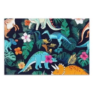 Imagem de Quebra-cabeça de dinossauros coloridos com folhas verdes, 500 peças, adultos, jogos engraçados, presentes divertidos para família, arte de pintura animal, 50 x 35 cm