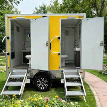 Imagem de Reboque móvel de luxo para banheiro com 2 barracas – vaso sanitário portátil para acampamento, banheiro externo com espelho de pia de chuveiro, design rebocável para adultos, festivais, parques e