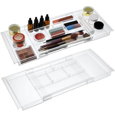 Imagem de Dunkive Organizador de gaveta expansível, ajustável de 32 a 50 cm, bandeja de armazenamento transparente para penteadeira, mesa, banheiro ou cozinha, design de vários compartimentos