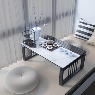 Imagem de Mesa baixa japonesa - pequena mesa de chá para sentar no chão, mesa de centro de tatame e escrivaninha, branca, 80 x 50 x 30 cm, design de placa de pedra elegante para uso doméstico e escritório