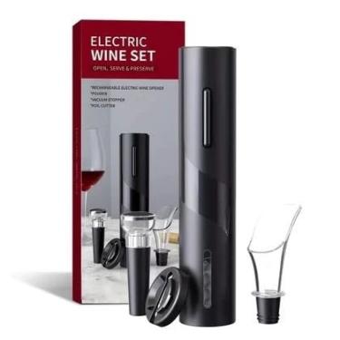 Imagem de Kit Abridor de Vinho Elétrico Recarregável USB, com Cortador de Papel Alumínio, Derramador de Vinho e Rolha à Vácuo, Saca-rolhas Automático, Ótima Opção de Presente, Qualidade Premium