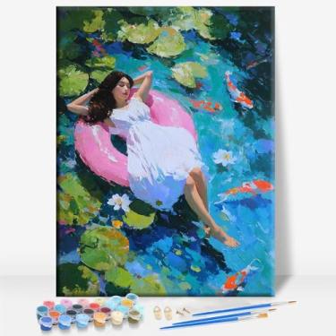 Imagem de HUINORYA Anel de natação rosa mulher senhora tela emoldurada kit de pintura por números bar café caverna casa de banho parede banheiro varanda pátio decoração presente, 40,6 x 30,5 cm