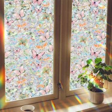 Imagem de Meetcolor Película decorativa para janela de privacidade de vitral de borboleta, adesivos de janela arco-íris, adesivos fixos estáticos para porta de vidro, casa, quarto, banheiro, controle de calor