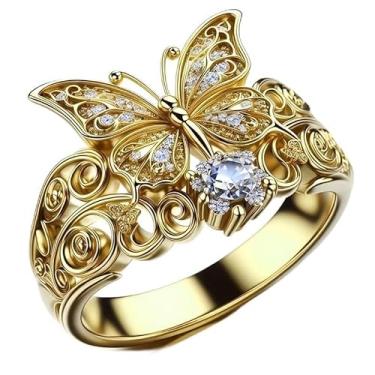 Imagem de Conjunto de anéis retrô e elegante com padrão de borboleta com zircônia sintética brilhante. É um anel de flor retrô leve e luxuoso, uma bela peça de joia para férias diárias femininas, um presente de