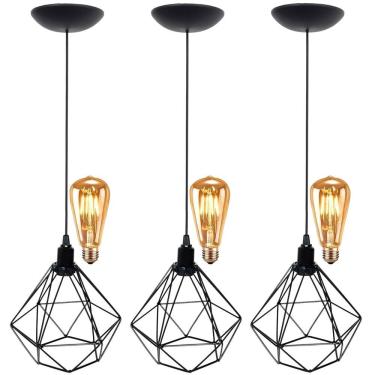 Imagem de 3 Pendentes Aramado Teto Diamante Luminária Lustre Retrô Balcão + Lâmpada Led ST64 Vintage