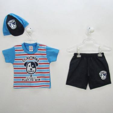 Imagem de Conjunto Bebê Masculino Verão Camiseta Listrada e Bermuda Jeans com Boné Cachorro