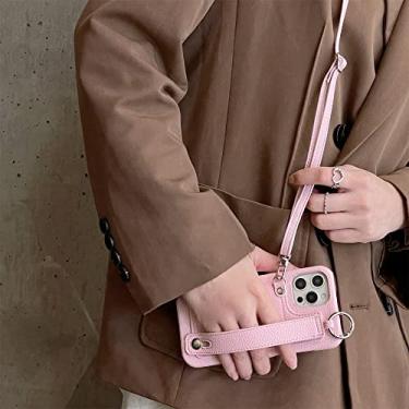 Imagem de Capa de telefone de carteira transversal com alça de pulso para iPhone 13 12 11 Pro XS Max Mini X XR 7 8 Plus Porta-cartão Cordão Capa de Couro, Rosa, Para iPhone 12Pro Max