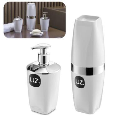 Imagem de Kit 2 Peças Banheiro Suporte Porta Escova + Dispenser Sabonete Cromado