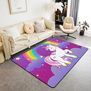 Imagem de Tapetes de unicórnio para quarto de meninas, 1,28 m x 9,5 cm, tapetes de área de unicórnio para quarto, tapete de arco-íris fofo antiderrapante, desenho kawaii galáxia estrelas fantasia decoração de