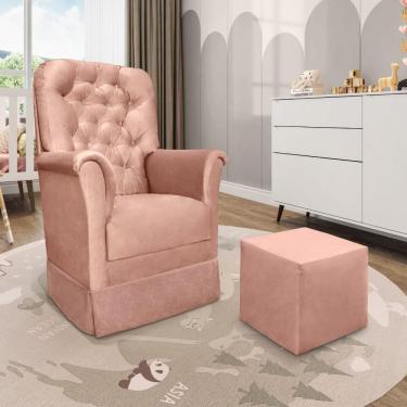 Imagem de Poltrona para Amamentação Agatha em Veludo com Balanço em Madeira e Puff - Rose