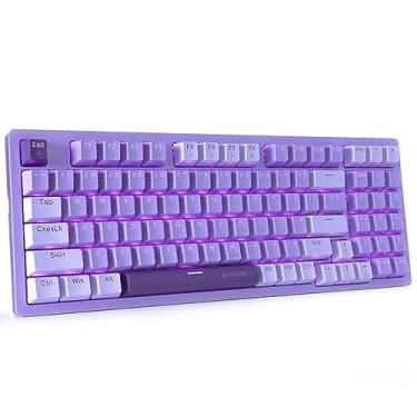 Imagem de HUO JI Teclado mecânico para jogos compacto com fio USB com teclado numérico, retroiluminação LED roxo, interruptor vermelho, cabo tipo C destacável, 94 teclas para PC/computador/laptop, roxo e branco
