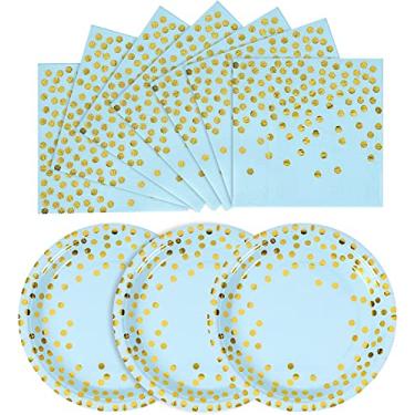 Imagem de Conjunto de pratos e guardanapos de papel azul e dourado - pratos de sobremesa de 100 x 18 cm e guardanapos de 100 x 16,5 polegadas, pratos de papel azul para aperitivos, bolos e saladas, para