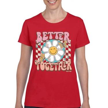 Imagem de Camiseta feminina Better Together, vintage, retrô, estilo boho anos 70, floral, vibração, hippie, amor, amizade, boêmia, feminina, Vermelho, G