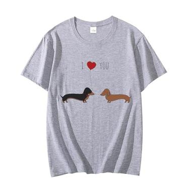 Imagem de I Love You Dachshund Camisetas estampadas unissex casual manga curta camisetas femininas, Cinza, XXG