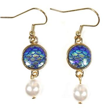 Imagem de "Sereia azul", brincos de escama de sereia cintilantes com pérolas de vidro Swarovski penduradas, Resina Vidro, sem gema