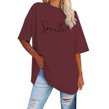 Imagem de Camiseta feminina grande com estampa de letras casuais de verão de manga curta folgada 2024 blusas modernas confortáveis para festas, Vinho, GG