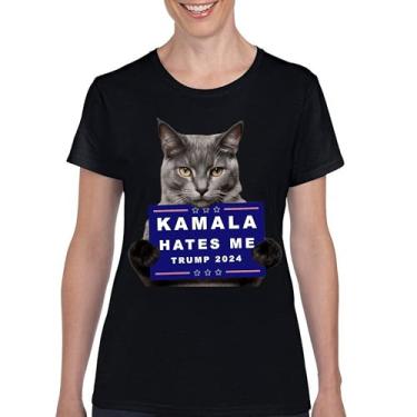 Imagem de Camiseta Kamala Hates Me Trump 2024 divertida gato republicano animal de estimação anti Harris voto vermelho MAGA Kitten 47 Fight camiseta feminina, Preto, M