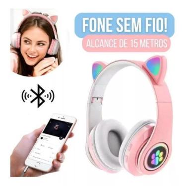 Imagem de Fone Bluetooth Gatinho Rosa  Sem Fio  7h Bateria  LED - Eletromix