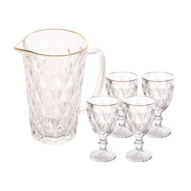 Imagem de Jogo Jarra 1l Diamond Com 4 Taças De Vidro 325ml Fio De Ouro Borda Dourada água Suco Lyor