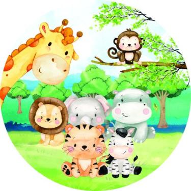 Imagem de Painel de Lona Redondo Animais Bichinhos da Selva Feliz Aquarela - Fab