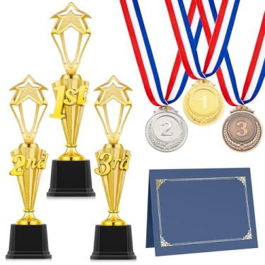 Imagem de Motionchic Conjunto de 12 peças de troféu 3º 2º 1º lugar troféu 3 medalhas de prêmio em ouro prata bronze 3 titulares de certificados com páginas para esportes basquete competições de futebol