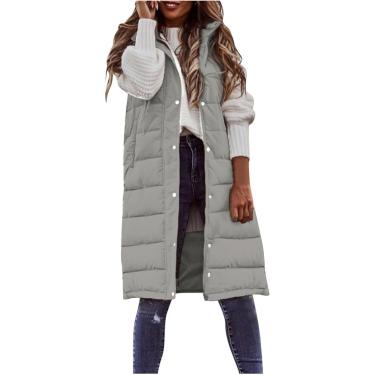 Imagem de Colete longo feminino sem mangas leve puffer jacet pacable casaco com capuz acolchoado com capuz inverno, cinza, GG